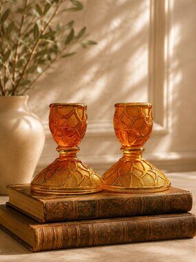 Vintage Imperial Glass Tree of Life Candlesticks Set  Iridescent Marigold